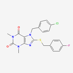 molecular formula C21H18ClFN4O2S B11983563 7-(4-chlorobenzyl)-8-[(4-fluorobenzyl)sulfanyl]-1,3-dimethyl-3,7-dihydro-1H-purine-2,6-dione 