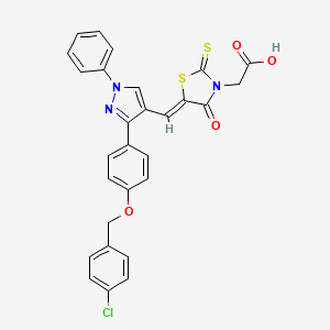 molecular formula C28H20ClN3O4S2 B11984929 {(5Z)-5-[(3-{4-[(4-Chlorobenzyl)oxy]phenyl}-1-phenyl-1H-pyrazol-4-YL)methylene]-4-oxo-2-thioxo-1,3-thiazolidin-3-YL}acetic acid 