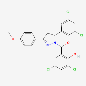 molecular formula C23H16Cl4N2O3 B11985070 2,4-Dichloro-6-[7,9-dichloro-2-(4-methoxyphenyl)-1,10b-dihydropyrazolo[1,5-c][1,3]benzoxazin-5-yl]phenol CAS No. 303061-40-7