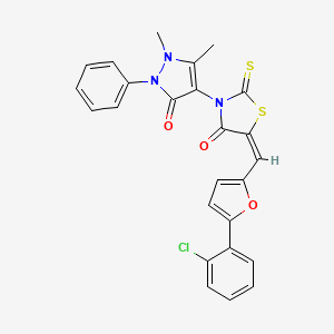 (5E)-5-{[5-(2-chlorophenyl)furan-2-yl]methylidene}-3-(1,5-dimethyl-3-oxo-2-phenyl-2,3-dihydro-1H-pyrazol-4-yl)-2-thioxo-1,3-thiazolidin-4-one