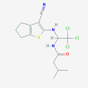 molecular formula C15H18Cl3N3OS B11985542 3-methyl-N-{2,2,2-trichloro-1-[(3-cyano-5,6-dihydro-4H-cyclopenta[b]thiophen-2-yl)amino]ethyl}butanamide 