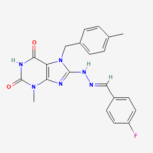 molecular formula C21H19FN6O2 B11985628 4-Fluorobenzaldehyde [3-methyl-7-(4-methylbenzyl)-2,6-dioxo-2,3,6,7-tetrahydro-1H-purin-8-YL]hydrazone 