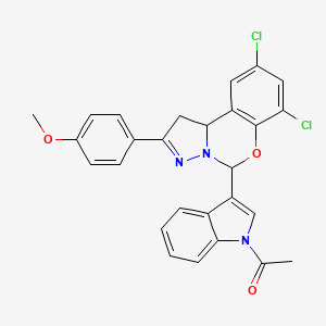 molecular formula C27H21Cl2N3O3 B11985724 4-[5-(1-Acetyl-1H-indol-3-YL)-7,9-dichloro-1,10B-dihydropyrazolo[1,5-C][1,3]benzoxazin-2-YL]phenyl methyl ether CAS No. 303104-40-7