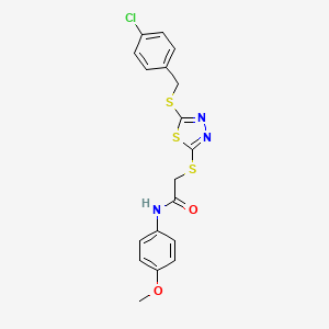 molecular formula C18H16ClN3O2S3 B11986104 2-({5-[(4-chlorobenzyl)sulfanyl]-1,3,4-thiadiazol-2-yl}sulfanyl)-N-(4-methoxyphenyl)acetamide 