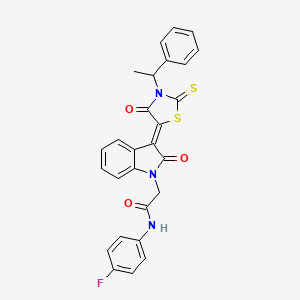 molecular formula C27H20FN3O3S2 B11986481 N-(4-fluorophenyl)-2-{(3Z)-2-oxo-3-[4-oxo-3-(1-phenylethyl)-2-thioxo-1,3-thiazolidin-5-ylidene]-2,3-dihydro-1H-indol-1-yl}acetamide 