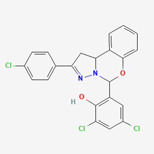 molecular formula C22H15Cl3N2O2 B11986538 2,4-Dichloro-6-(2-(4-chlorophenyl)-5,10b-dihydro-1H-benzo[e]pyrazolo[1,5-c][1,3]oxazin-5-yl)phenol CAS No. 302913-76-4