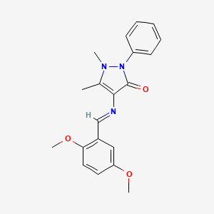 molecular formula C20H21N3O3 B11987664 4-{[(E)-(2,5-dimethoxyphenyl)methylidene]amino}-1,5-dimethyl-2-phenyl-1,2-dihydro-3H-pyrazol-3-one 