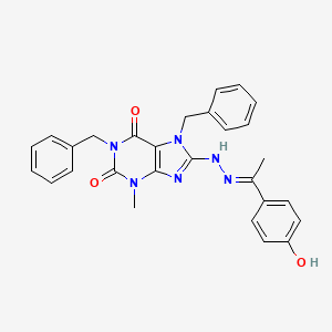 molecular formula C28H26N6O3 B11987717 1,7-Dibenzyl-8-{(2E)-2-[1-(4-hydroxyphenyl)ethylidene]hydrazino}-3-methyl-3,7-dihydro-1H-purine-2,6-dione 