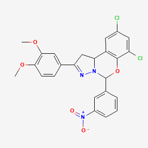 molecular formula C24H19Cl2N3O5 B11987943 7,9-Dichloro-2-(3,4-dimethoxyphenyl)-5-(3-nitrophenyl)-1,10b-dihydropyrazolo[1,5-c][1,3]benzoxazine 