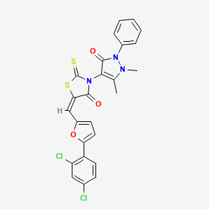 molecular formula C25H17Cl2N3O3S2 B11988448 (5E)-5-{[5-(2,4-Dichlorophenyl)-2-furyl]methylene}-3-(1,5-dimethyl-3-oxo-2-phenyl-2,3-dihydro-1H-pyrazol-4-YL)-2-thioxo-1,3-thiazolidin-4-one 