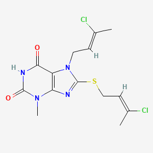 molecular formula C14H16Cl2N4O2S B11988596 7-[(2Z)-3-chlorobut-2-en-1-yl]-8-{[(2E)-3-chlorobut-2-en-1-yl]sulfanyl}-3-methyl-3,7-dihydro-1H-purine-2,6-dione 