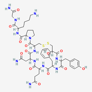 molecular formula C46H64N12O13S2 B1198950 N-[6-amino-1-[(2-amino-2-oxoethyl)amino]-1-oxohexan-2-yl]-1-[7-(2-amino-2-oxoethyl)-10-(3-amino-3-oxopropyl)-13-benzyl-19-hydroxy-16-[(4-hydroxyphenyl)methyl]-6,9,12,15,18-pentaoxo-1,2-dithia-5,8,11,14,17-pentazacycloicosane-4-carbonyl]pyrrolidine-2-carboxamide CAS No. 57511-54-3