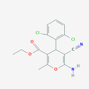 molecular formula C16H14Cl2N2O3 B11991612 ethyl 6-amino-5-cyano-4-(2,6-dichlorophenyl)-2-methyl-4H-pyran-3-carboxylate 