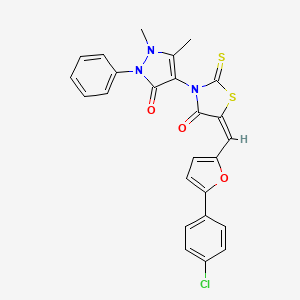 molecular formula C25H18ClN3O3S2 B11993166 (5E)-5-{[5-(4-chlorophenyl)furan-2-yl]methylidene}-3-(1,5-dimethyl-3-oxo-2-phenyl-2,3-dihydro-1H-pyrazol-4-yl)-2-thioxo-1,3-thiazolidin-4-one 