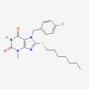 molecular formula C20H25ClN4O2S B11993373 7-(4-chlorobenzyl)-8-(heptylsulfanyl)-3-methyl-3,7-dihydro-1H-purine-2,6-dione 