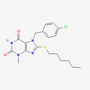 molecular formula C19H23ClN4O2S B11993784 7-(4-chlorobenzyl)-8-(hexylsulfanyl)-3-methyl-3,7-dihydro-1H-purine-2,6-dione 