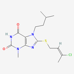 molecular formula C15H21ClN4O2S B11994376 8-{[(2E)-3-chlorobut-2-en-1-yl]sulfanyl}-3-methyl-7-(3-methylbutyl)-3,7-dihydro-1H-purine-2,6-dione 