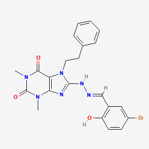 molecular formula C22H21BrN6O3 B11995018 (E)-8-(2-(5-bromo-2-hydroxybenzylidene)hydrazinyl)-1,3-dimethyl-7-phenethyl-1H-purine-2,6(3H,7H)-dione 