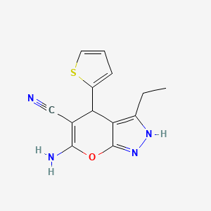 molecular formula C13H12N4OS B11995350 6-Amino-3-ethyl-4-(thiophen-2-yl)-1,4-dihydropyrano[2,3-c]pyrazole-5-carbonitrile 