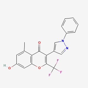 molecular formula C20H13F3N2O3 B11995650 7-hydroxy-5-methyl-3-(1-phenyl-1H-pyrazol-4-yl)-2-(trifluoromethyl)-4H-chromen-4-one 