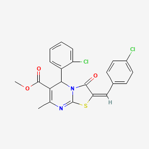 molecular formula C22H16Cl2N2O3S B11996356 methyl (2E)-2-(4-chlorobenzylidene)-5-(2-chlorophenyl)-7-methyl-3-oxo-2,3-dihydro-5H-[1,3]thiazolo[3,2-a]pyrimidine-6-carboxylate 