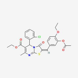 molecular formula C27H25ClN2O6S B11996415 ethyl (2E)-2-[3-(acetyloxy)-4-ethoxybenzylidene]-5-(2-chlorophenyl)-7-methyl-3-oxo-2,3-dihydro-5H-[1,3]thiazolo[3,2-a]pyrimidine-6-carboxylate 