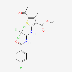 molecular formula C19H18Cl4N2O4S B11996704 Ethyl 5-acetyl-4-methyl-2-({2,2,2-trichloro-1-[(4-chlorobenzoyl)amino]ethyl}amino)-3-thiophenecarboxylate 