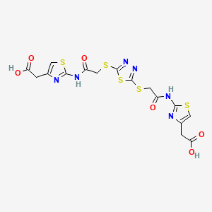 molecular formula C16H14N6O6S5 B11996868 (2-{[({5-[(2-{[4-(Carboxymethyl)-1,3-thiazol-2-yl]amino}-2-oxoethyl)thio]-1,3,4-thiadiazol-2-yl}thio)acetyl]amino}-1,3-thiazol-4-yl)acetic acid CAS No. 883810-00-2