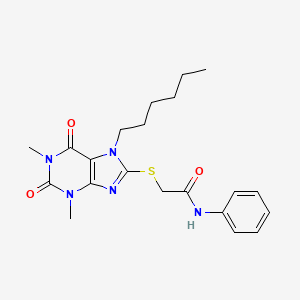 molecular formula C21H27N5O3S B11997547 2-[(7-hexyl-1,3-dimethyl-2,6-dioxo-2,3,6,7-tetrahydro-1H-purin-8-yl)sulfanyl]-N-phenylacetamide 