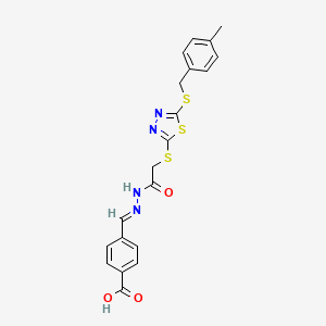 molecular formula C20H18N4O3S3 B11998391 4-[(E)-{2-[({5-[(4-methylbenzyl)sulfanyl]-1,3,4-thiadiazol-2-yl}sulfanyl)acetyl]hydrazinylidene}methyl]benzoic acid 