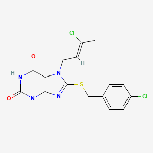 molecular formula C17H16Cl2N4O2S B11998878 8-(4-Chloro-benzylsulfanyl)-7-((Z)-3-chloro-but-2-enyl)-3-methyl-3,7-dihydro-purine-2,6-dione 