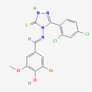 molecular formula C16H11BrCl2N4O2S B11999845 2-Bromo-4-((E)-{[3-(2,4-dichlorophenyl)-5-sulfanyl-4H-1,2,4-triazol-4-YL]imino}methyl)-6-methoxyphenol 