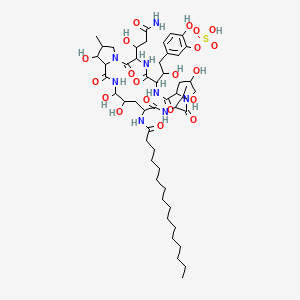 molecular formula C51H82N8O20S B1200641 [5-[2-[3-(3-氨基-1-羟基-3-氧代丙基)-18-(十六烷酰胺基)-11,20,21,25-四羟基-15-(1-羟乙基)-26-甲基-2,5,8,14,17,23-六氧代-1,4,7,13,16,22-六氮杂三环[22.3.0.09,13]七二十七烷-6-基]-2-羟乙基]-2-羟苯基] 氢硫酸盐 