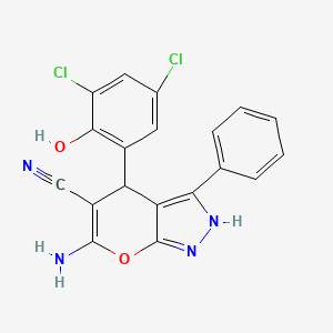 molecular formula C19H12Cl2N4O2 B12006927 6-Amino-4-(3,5-dichloro-2-hydroxyphenyl)-3-phenyl-1,4-dihydropyrano[2,3-c]pyrazole-5-carbonitrile 