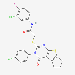 molecular formula C23H16Cl2FN3O2S2 B12007732 N-(3-chloro-4-fluorophenyl)-2-{[3-(4-chlorophenyl)-4-oxo-3,5,6,7-tetrahydro-4H-cyclopenta[4,5]thieno[2,3-d]pyrimidin-2-yl]sulfanyl}acetamide 