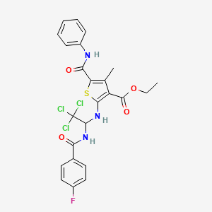 molecular formula C24H21Cl3FN3O4S B12008100 Ethyl 4-methyl-5-(phenylcarbamoyl)-2-[(2,2,2-trichloro-1-{[(4-fluorophenyl)carbonyl]amino}ethyl)amino]thiophene-3-carboxylate 