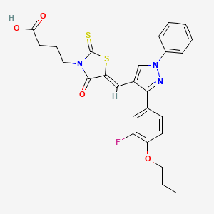 molecular formula C26H24FN3O4S2 B12008236 4-((5Z)-5-{[3-(3-Fluoro-4-propoxyphenyl)-1-phenyl-1H-pyrazol-4-YL]methylene}-4-oxo-2-thioxo-1,3-thiazolidin-3-YL)butanoic acid CAS No. 623936-24-3