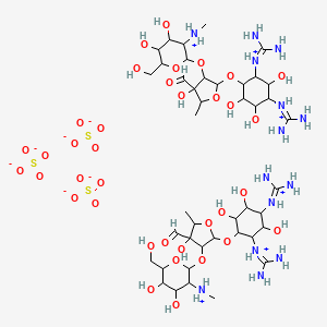 molecular formula C42H84N14O36S3 B1200844 [2-[2-[2,4-Bis(diaminomethylideneazaniumyl)-3,5,6-trihydroxycyclohexyl]oxy-4-formyl-4-hydroxy-5-methyloxolan-3-yl]oxy-4,5-dihydroxy-6-(hydroxymethyl)oxan-3-yl]-methylazanium;trisulfate 