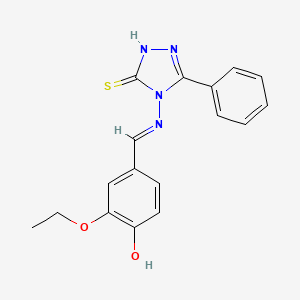 molecular formula C17H16N4O2S B12008709 2-ethoxy-4-{(E)-[(3-phenyl-5-sulfanyl-4H-1,2,4-triazol-4-yl)imino]methyl}phenol 