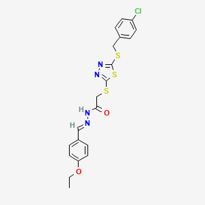 molecular formula C20H19ClN4O2S3 B12009176 2-({5-[(4-chlorobenzyl)sulfanyl]-1,3,4-thiadiazol-2-yl}sulfanyl)-N'-[(E)-(4-ethoxyphenyl)methylidene]acetohydrazide 