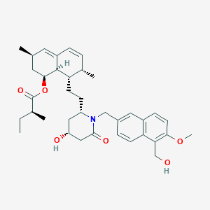 molecular formula C37H49NO6 B1200967 8-[2-((2S)-4-Hydroxy-1-{[5-(hydroxymethyl)-6-methoxy-2-naphthyl]methyl}-6-oxopiperidin-2-YL)ethyl]-3,7-dimethyl-1,2,3,7,8,8A-hexahydronaphthalen-1-YL 2-methylbutanoate 
