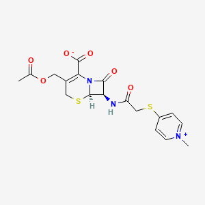 molecular formula C18H19N3O6S2 B1201019 Pyridinium, 4-((2-((3-((acetyloxy)methyl)-2-carboxy-8-oxo-5-thia-1-azabicyclo(4.2.0)oct-2-en-7-yl)amino)-2-oxoethyl)thio)-1-methyl-, hydroxide, inner salt, (6R-trans)- CAS No. 34409-23-9