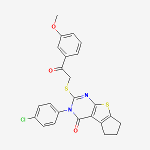 molecular formula C24H19ClN2O3S2 B12010502 3-(4-chlorophenyl)-2-{[2-(3-methoxyphenyl)-2-oxoethyl]sulfanyl}-3,5,6,7-tetrahydro-4H-cyclopenta[4,5]thieno[2,3-d]pyrimidin-4-one 