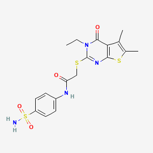 molecular formula C18H20N4O4S3 B12011370 2-((3-Ethyl-5,6-dimethyl-4-oxo-3,4-dihydrothieno[2,3-d]pyrimidin-2-yl)thio)-N-(4-sulfamoylphenyl)acetamide CAS No. 577999-30-5