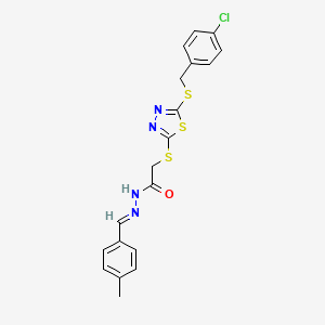 molecular formula C19H17ClN4OS3 B12012038 2-({5-[(4-chlorobenzyl)sulfanyl]-1,3,4-thiadiazol-2-yl}sulfanyl)-N'-[(E)-(4-methylphenyl)methylidene]acetohydrazide 