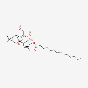 molecular formula C34H54O6 B1201239 Tetradecanoic acid, 1a,2,5,5a,6,9,10,10a-octahydro-5,5a-dihydroxy-4-(hydroxymethyl)-1,1,7,9-tetramethyl-11-oxo-1H-2,8a-methanocyclopenta(a)cyclopropa(e)cyclodecen-6-yl ester CAS No. 83036-83-3