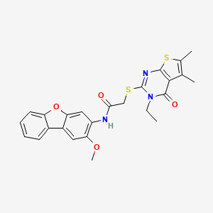 molecular formula C25H23N3O4S2 B12013085 2-((3-Ethyl-5,6-dimethyl-4-oxo-3,4-dihydrothieno[2,3-d]pyrimidin-2-yl)thio)-N-(2-methoxydibenzo[b,d]furan-3-yl)acetamide CAS No. 618427-60-4