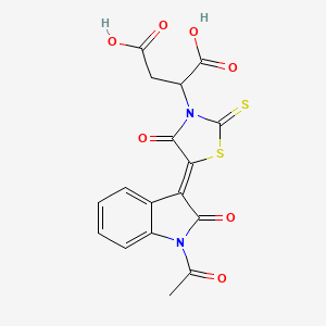 molecular formula C17H12N2O7S2 B12013191 2-[(5Z)-5-(1-acetyl-2-oxo-1,2-dihydro-3H-indol-3-ylidene)-4-oxo-2-thioxo-1,3-thiazolidin-3-yl]butanedioic acid 