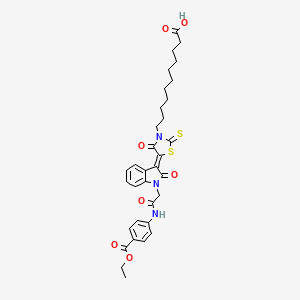 molecular formula C33H37N3O7S2 B12013463 11-[(5Z)-5-(1-{2-[4-(Ethoxycarbonyl)anilino]-2-oxoethyl}-2-oxo-1,2-dihydro-3H-indol-3-ylidene)-4-oxo-2-thioxo-1,3-thiazolidin-3-YL]undecanoic acid 