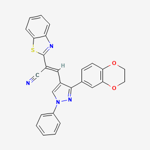 molecular formula C27H18N4O2S B12014279 (2E)-2-(1,3-Benzothiazol-2-YL)-3-[3-(2,3-dihydro-1,4-benzodioxin-6-YL)-1-phenyl-1H-pyrazol-4-YL]-2-propenenitrile 